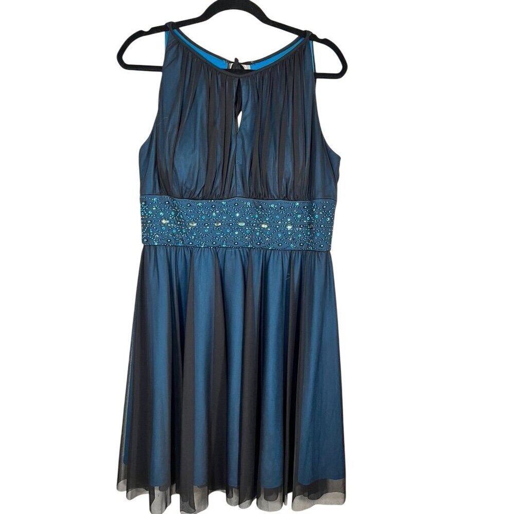 Retro Beaded Tulle Mini Dress 12P Blue Preppy HOCO Prom Chic‎ Glam Jeweled 80s